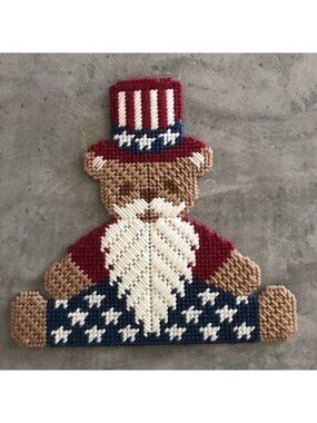 Vintage Patriotic Teddy Bear Decoration Handmade Plastic Canvas 4th Of July USA